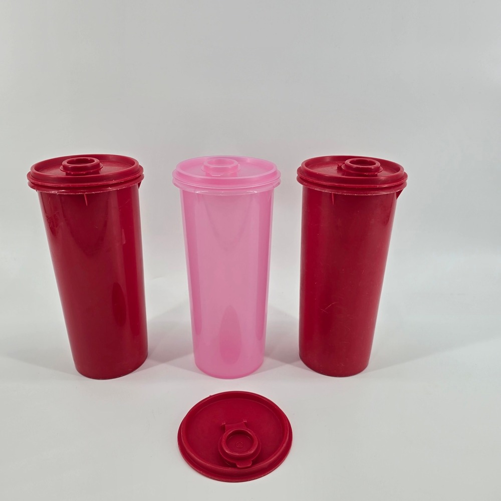 Vintage Tupperware Beverage Container Set with Pour Lids Red Pink 3pc